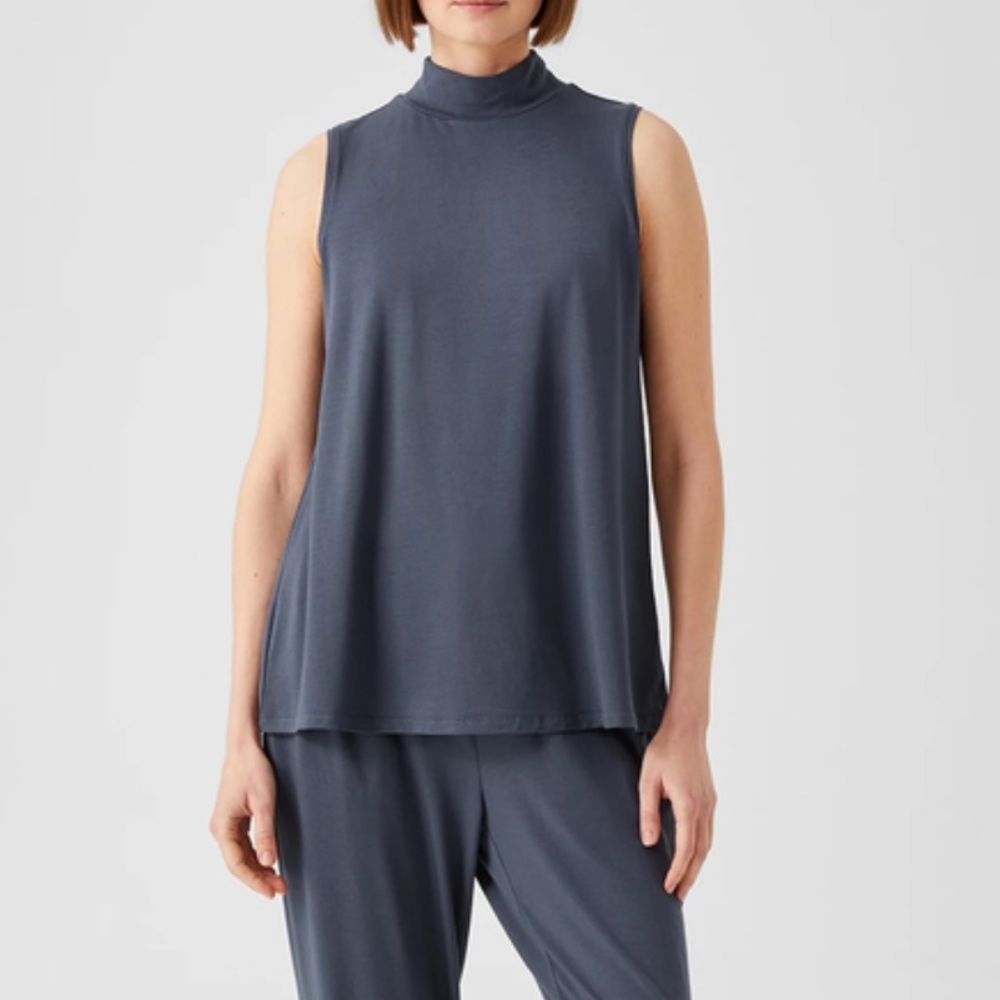 Eileen Fisher Fine Jersey Mock Neck Tank Blouse Top Womens Small Blue Minimalist